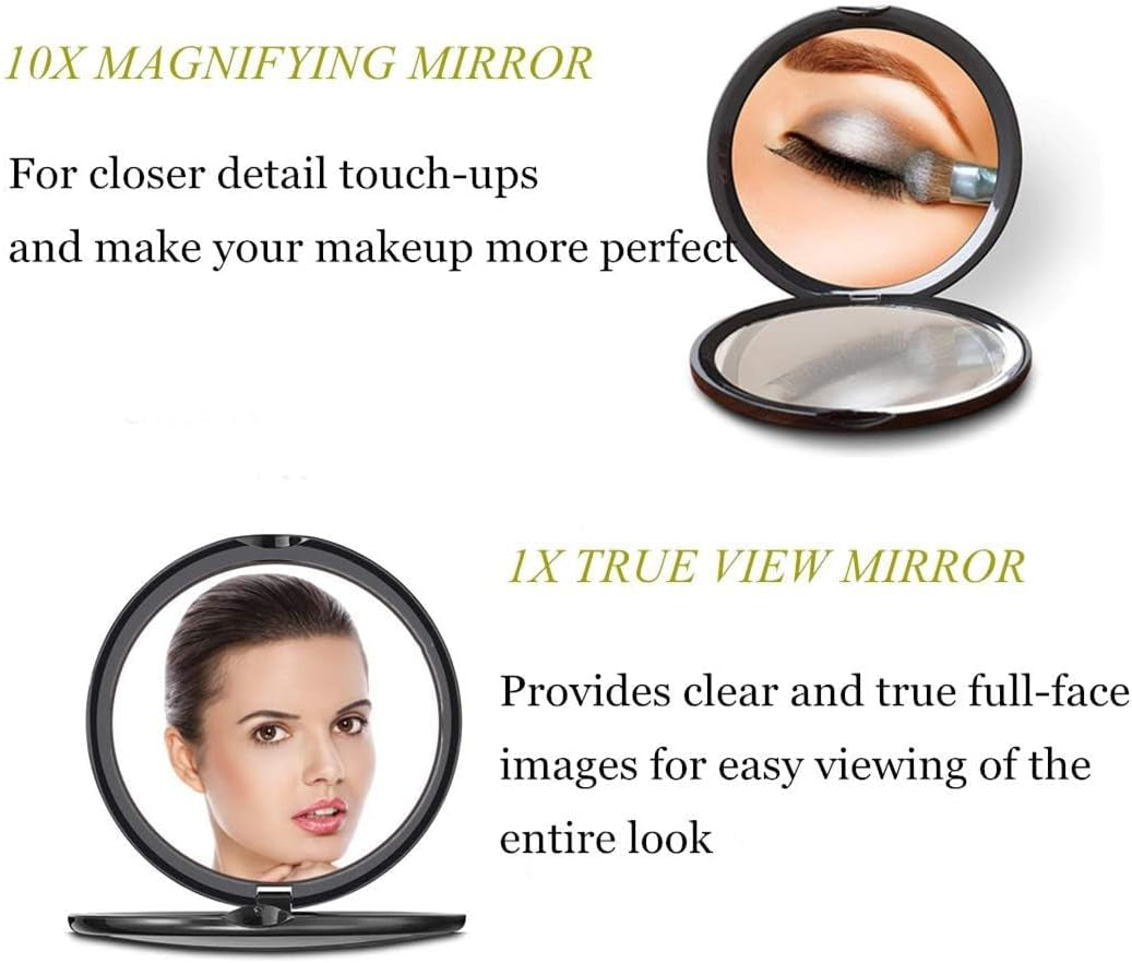 Magnifying Compact Cosmetic Mirror- Elegant Compact Pocket Makeup Mirror, Handheld Travel Makeup Mirror with Powerful 10X Magnification and 1X True View Mirror for Travel or Your Purse