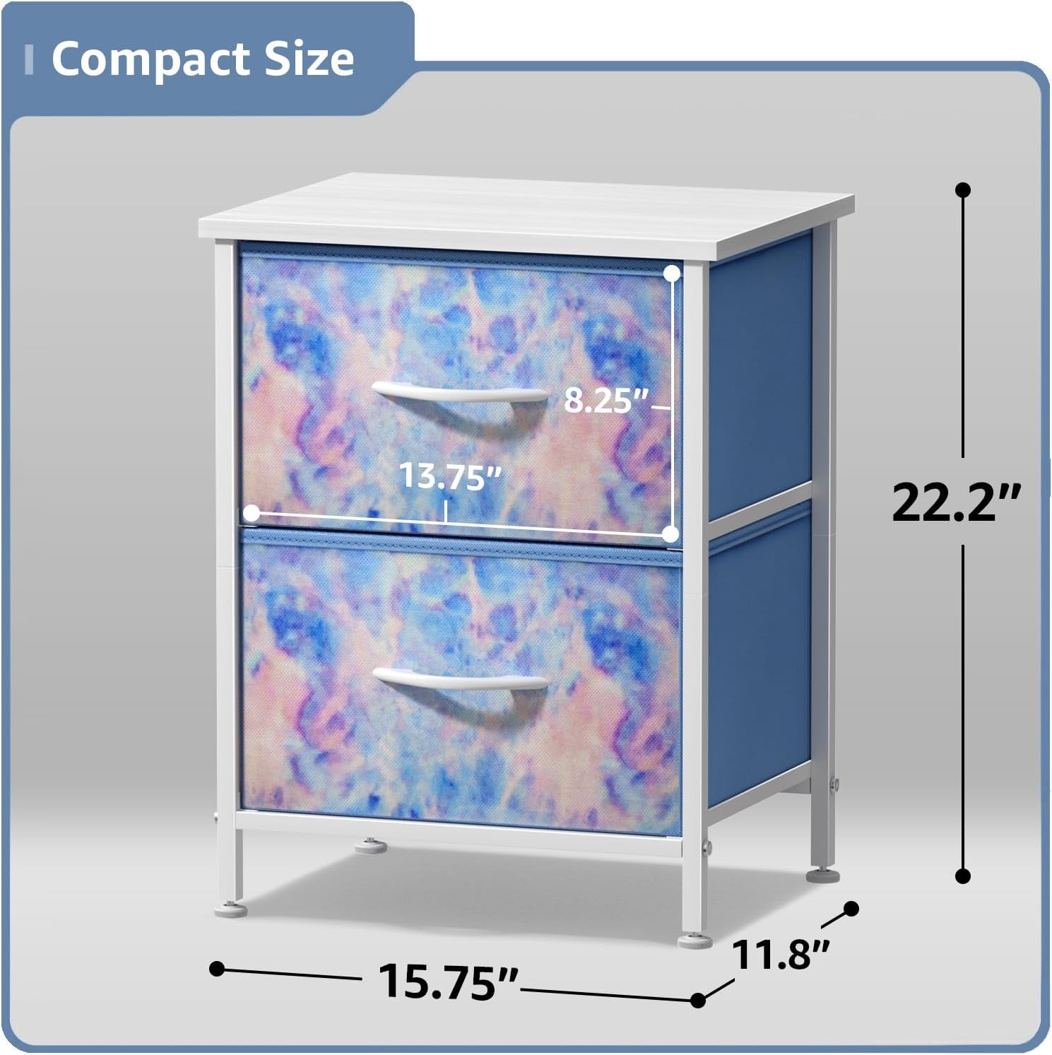 Nightstand with 2 Drawers - Bedside Furniture & Accent End Table Chest for Home, Bedroom Accessories, Office, College Dorm, Steel Frame, Wood Top, Easy Pull Fabric Bins (Tie-Dye Pastel)