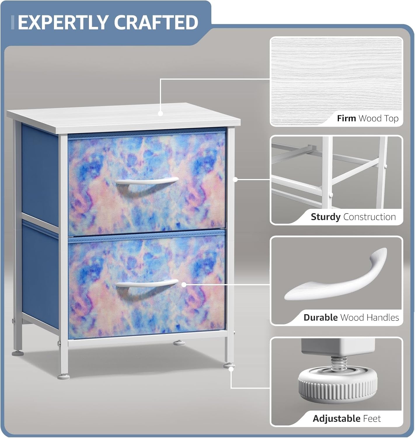 Nightstand with 2 Drawers - Bedside Furniture & Accent End Table Chest for Home, Bedroom Accessories, Office, College Dorm, Steel Frame, Wood Top, Easy Pull Fabric Bins (Tie-Dye Pastel)