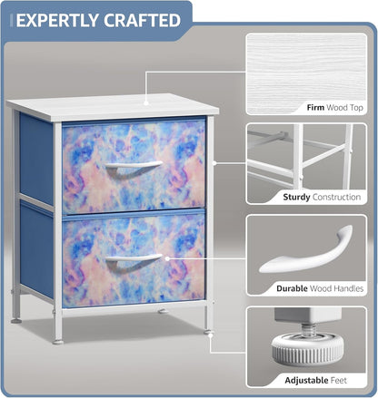 Nightstand with 2 Drawers - Bedside Furniture & Accent End Table Chest for Home, Bedroom Accessories, Office, College Dorm, Steel Frame, Wood Top, Easy Pull Fabric Bins (Tie-Dye Pastel)