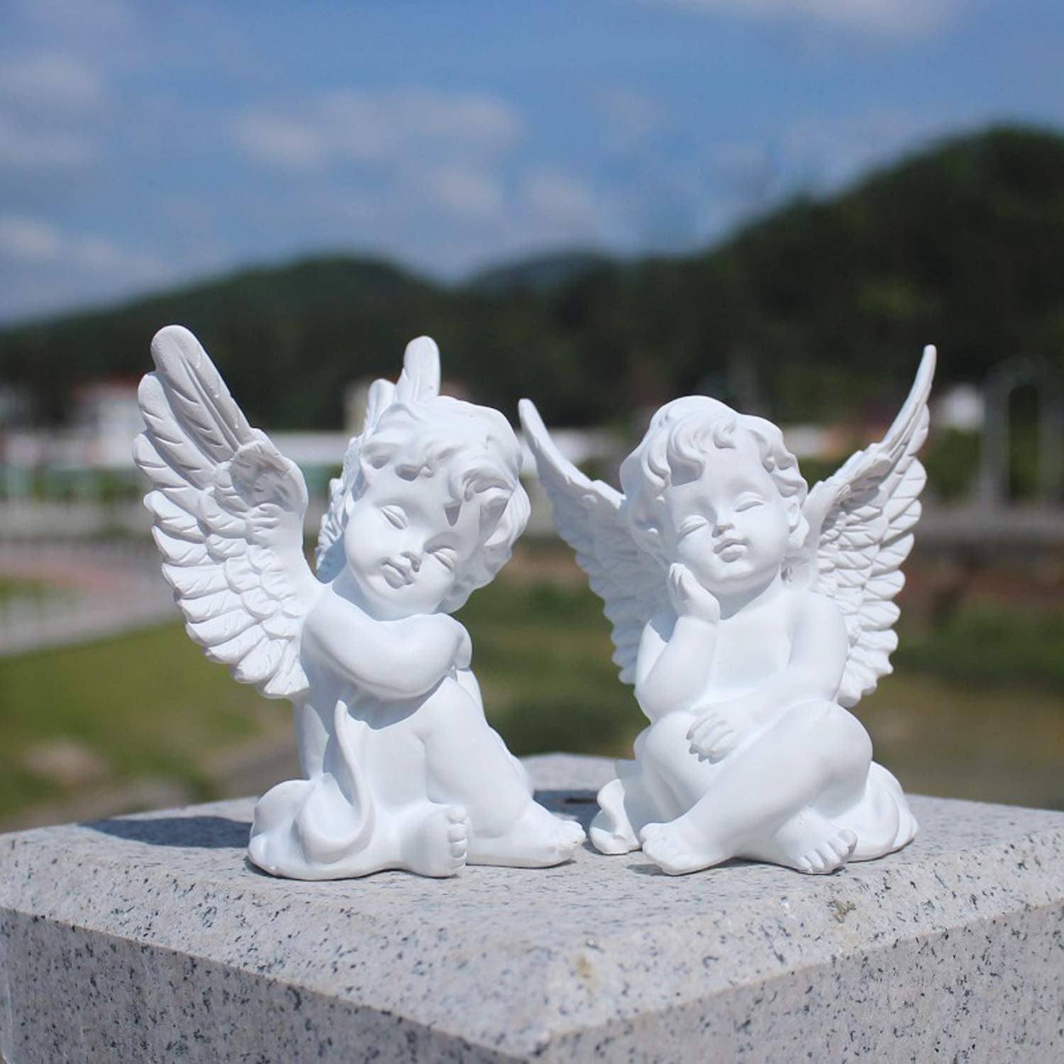 Set of 2 Cherubs Angels Resin Garden Statue Figurine, Indoor Outdoor Home Garden Decoration, Adorable Angel Sculpture Memorial Statue 4"