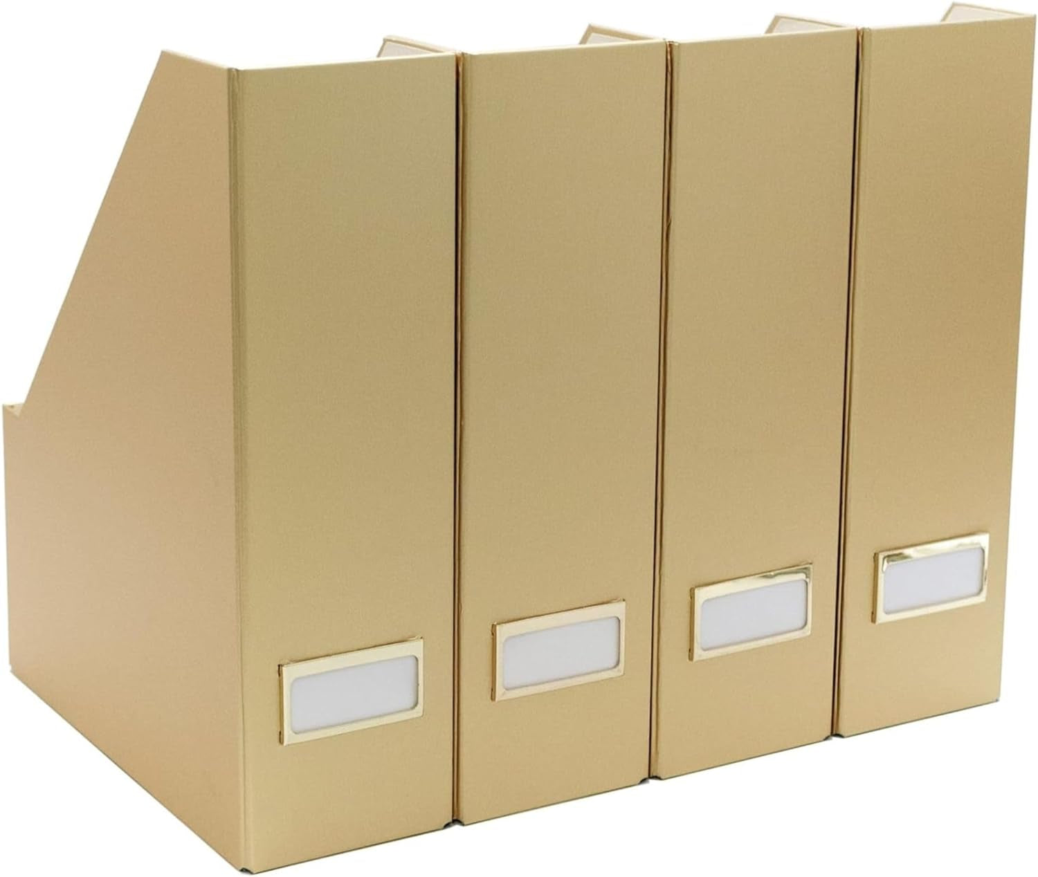 Foldable Gold Magazine File Holder with Gold Label Holder - Set of 4 Cardboard Magazine Holder Boxes - Gold Desk Accessories