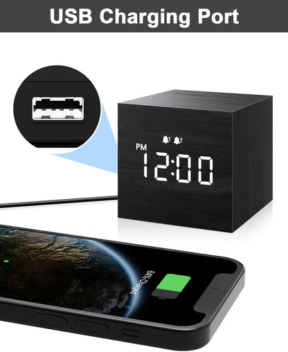 Digital Alarm Clock, with Wooden Electronic LED Time Display, 3 Dual plus Alarm, 2.5-Inch Cubic Small Mini Wood Made Electric Clocks for Bedroom, Bedside, Desk, Black