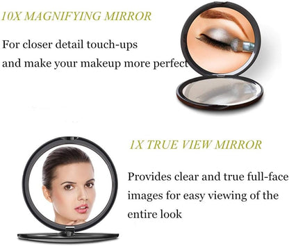 Magnifying Compact Cosmetic Mirror- Elegant Compact Pocket Makeup Mirror, Handheld Travel Makeup Mirror with Powerful 10X Magnification and 1X True View Mirror for Travel or Your Purse