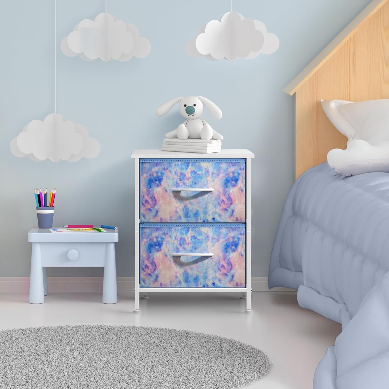 Nightstand with 2 Drawers - Bedside Furniture & Accent End Table Chest for Home, Bedroom Accessories, Office, College Dorm, Steel Frame, Wood Top, Easy Pull Fabric Bins (Tie-Dye Pastel)