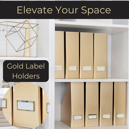 Foldable Gold Magazine File Holder with Gold Label Holder - Set of 4 Cardboard Magazine Holder Boxes - Gold Desk Accessories