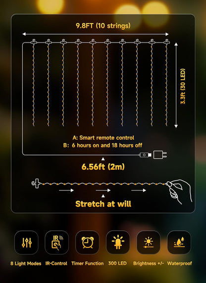 Hanging Window Curtain Lights 9.8 Feet Dimmable and Connectable with 300 Led, Remote, 8 Lighting Modes, Timer for Bedroom Wall Party Indoor Outdoor Decor, Warm White (Curtain Is Not Included)