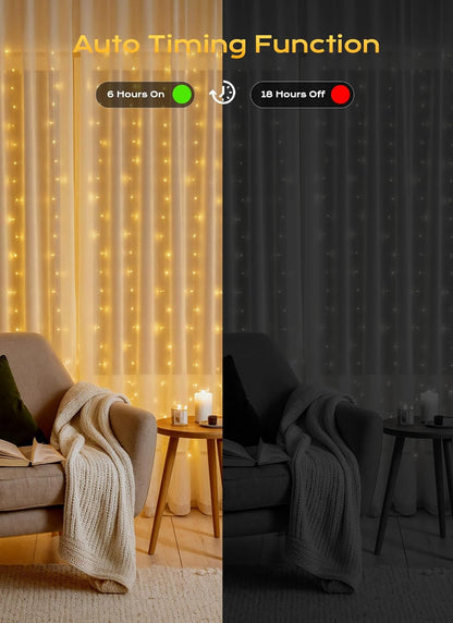 Hanging Window Curtain Lights 9.8 Feet Dimmable and Connectable with 300 Led, Remote, 8 Lighting Modes, Timer for Bedroom Wall Party Indoor Outdoor Decor, Warm White (Curtain Is Not Included)