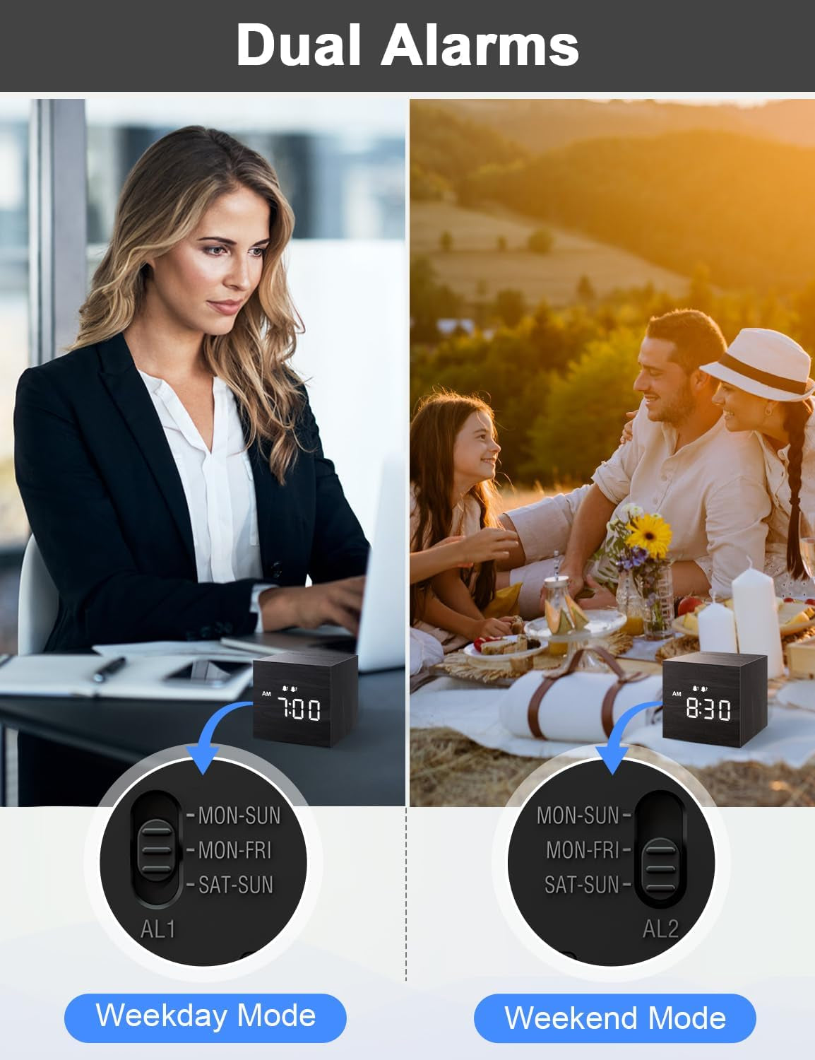 Digital Alarm Clock, with Wooden Electronic LED Time Display, 3 Dual plus Alarm, 2.5-Inch Cubic Small Mini Wood Made Electric Clocks for Bedroom, Bedside, Desk, Black