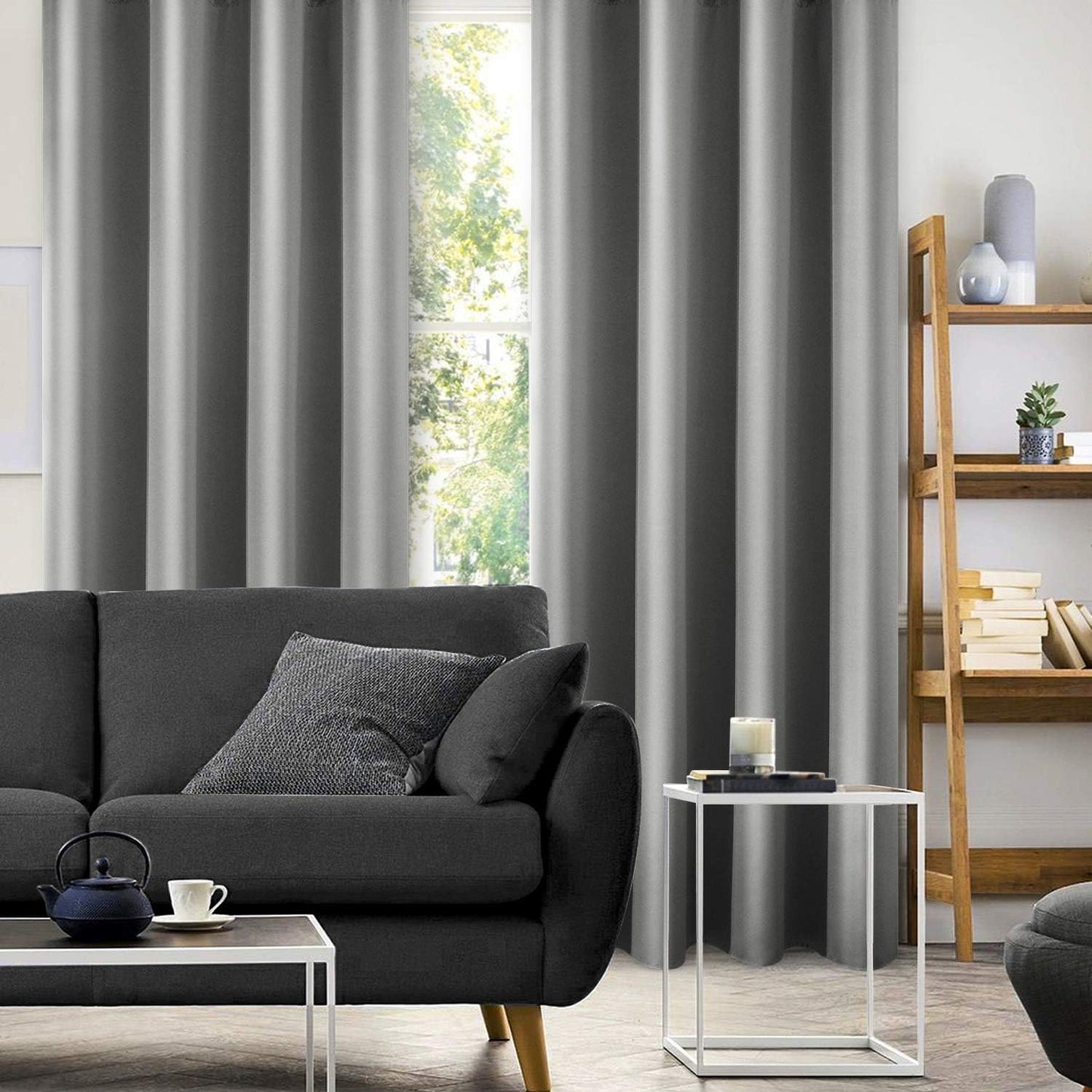 2 Panels Silver Grey Faux Silk Curtains Gray Blackout Curtains for Bedroom 52 X 96 Inch Room Darkening Satin Drapes/Curtains, Thermal Insulated Blackout Window Curtains for Living Room