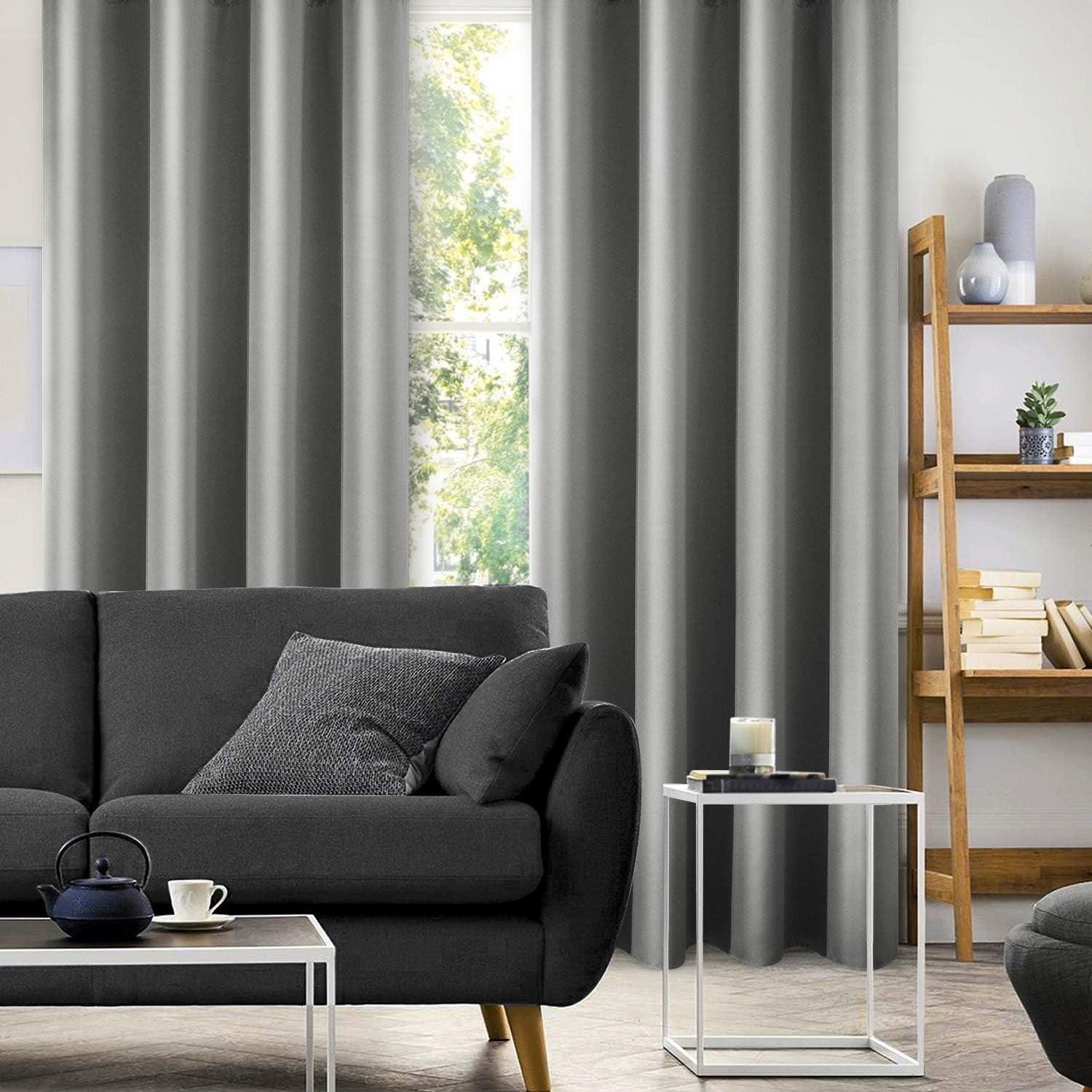2 Panels Silver Grey Faux Silk Curtains Gray Blackout Curtains for Bedroom 52 X 96 Inch Room Darkening Satin Drapes/Curtains, Thermal Insulated Blackout Window Curtains for Living Room
