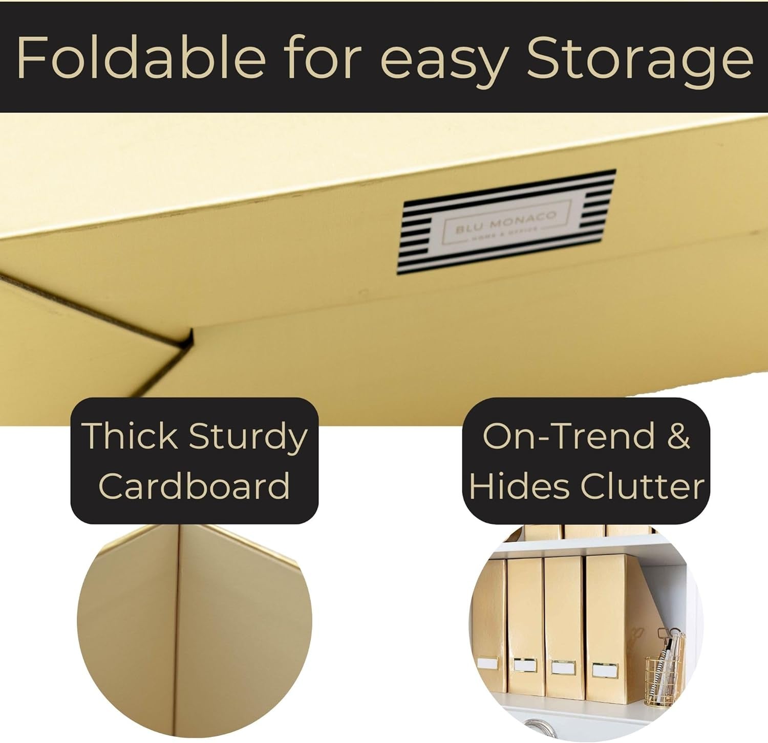 Foldable Gold Magazine File Holder with Gold Label Holder - Set of 4 Cardboard Magazine Holder Boxes - Gold Desk Accessories