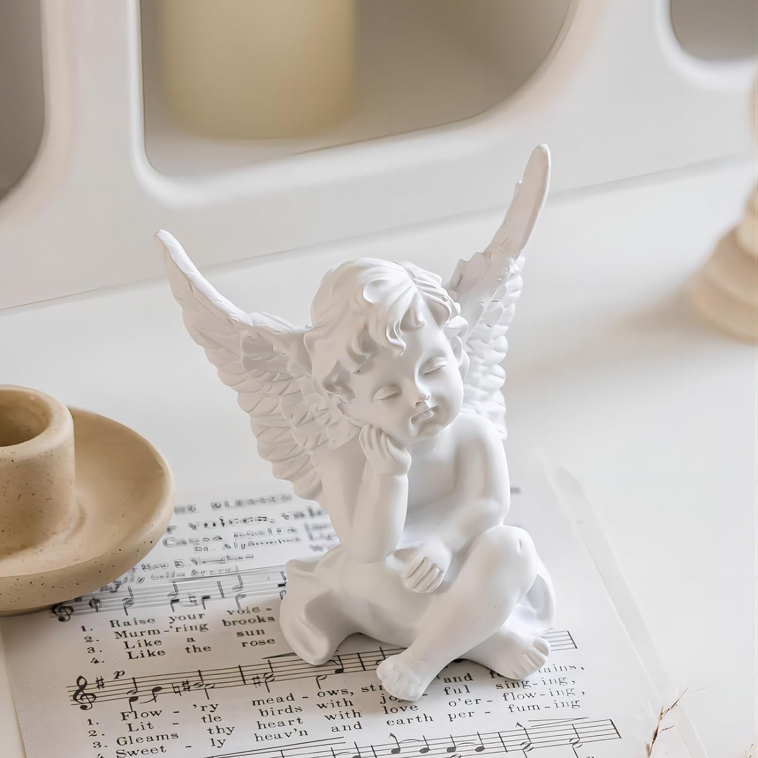 Set of 2 Cherubs Angels Resin Garden Statue Figurine, Indoor Outdoor Home Garden Decoration, Adorable Angel Sculpture Memorial Statue 4"