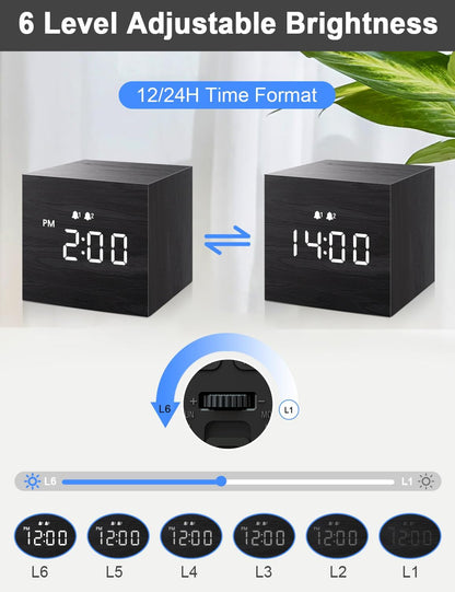 Digital Alarm Clock, with Wooden Electronic LED Time Display, 3 Dual plus Alarm, 2.5-Inch Cubic Small Mini Wood Made Electric Clocks for Bedroom, Bedside, Desk, Black