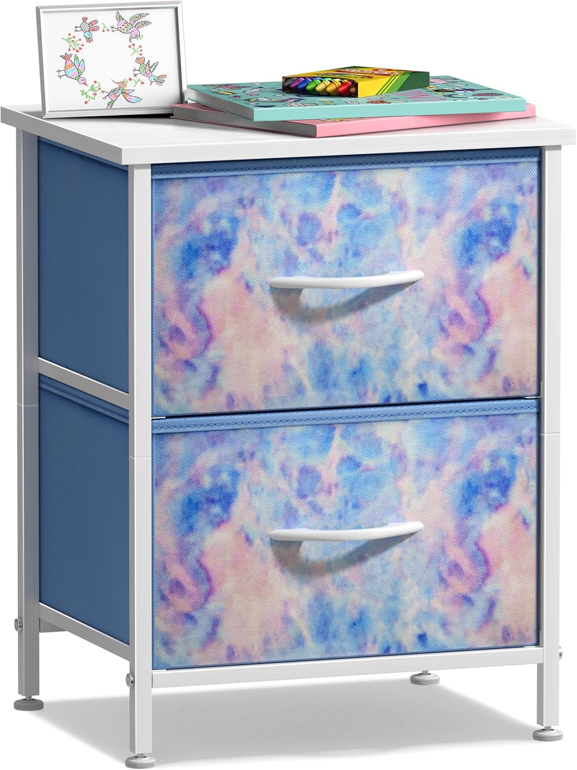 Nightstand with 2 Drawers - Bedside Furniture & Accent End Table Chest for Home, Bedroom Accessories, Office, College Dorm, Steel Frame, Wood Top, Easy Pull Fabric Bins (Tie-Dye Pastel)
