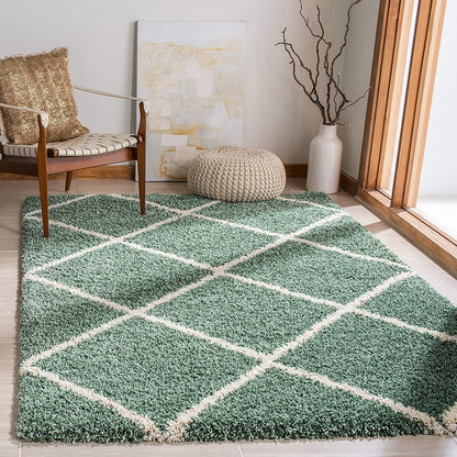 Hudson Shag Collection SGH281Y Modern Diamond Trellis Non-Shedding Living Room Bedroom Dining Room Entryway Plush 2-Inch Thick Area Rug, 7' X 7' Square, Green / Ivory