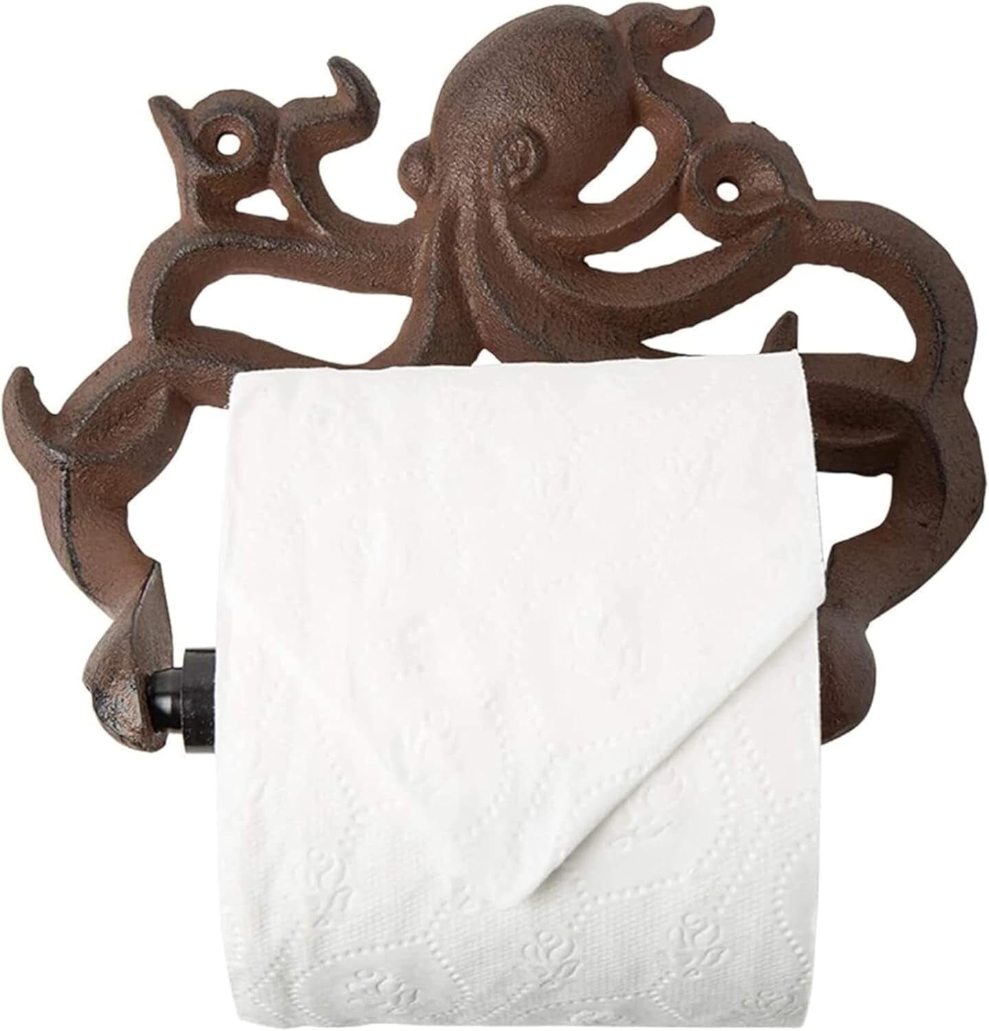 Decorative Cast Iron Octopus Toilet Paper Roll Holder – Wall Mounted Octopus Décor for Bathroom – Kraken, Nautical Bathroom Accessories – Easy to Install with Included Screws and Anchors - Rust Brown