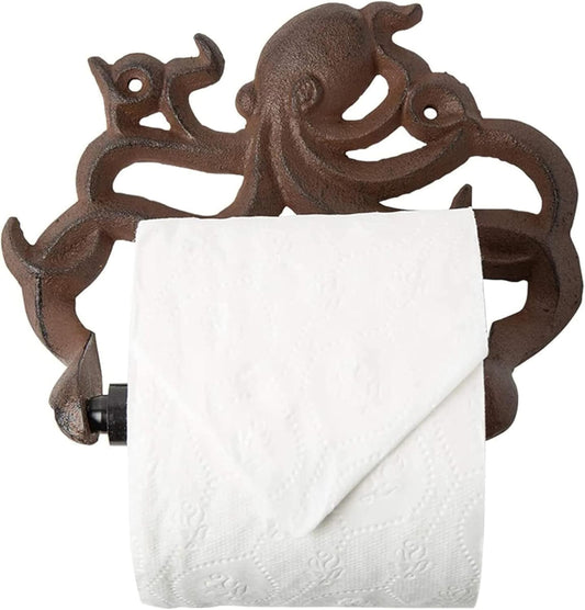 Decorative Cast Iron Octopus Toilet Paper Roll Holder – Wall Mounted Octopus Décor for Bathroom – Kraken, Nautical Bathroom Accessories – Easy to Install with Included Screws and Anchors - Rust Brown