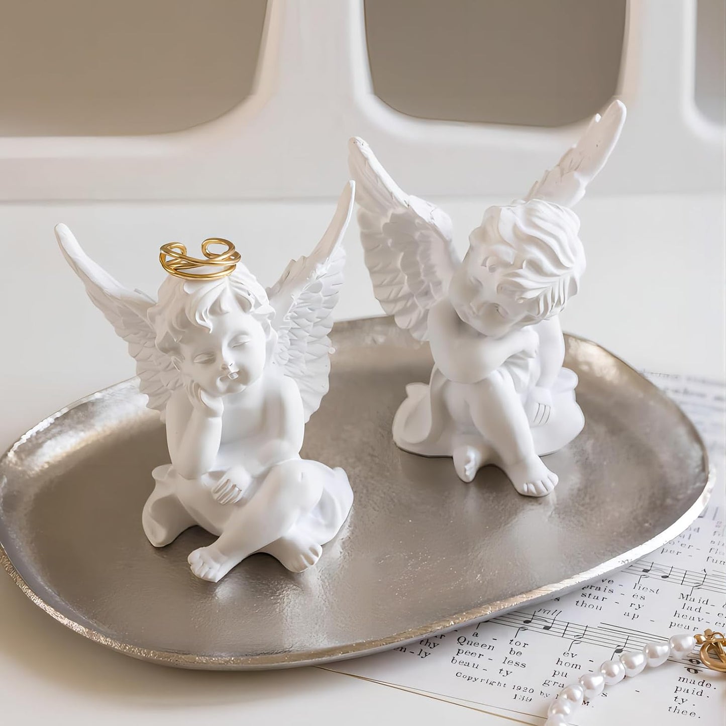 Set of 2 Cherubs Angels Resin Garden Statue Figurine, Indoor Outdoor Home Garden Decoration, Adorable Angel Sculpture Memorial Statue 4"