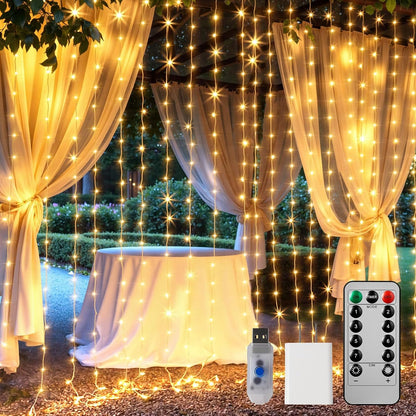 Hanging Window Curtain Lights 9.8 Feet Dimmable and Connectable with 300 Led, Remote, 8 Lighting Modes, Timer for Bedroom Wall Party Indoor Outdoor Decor, Warm White (Curtain Is Not Included)