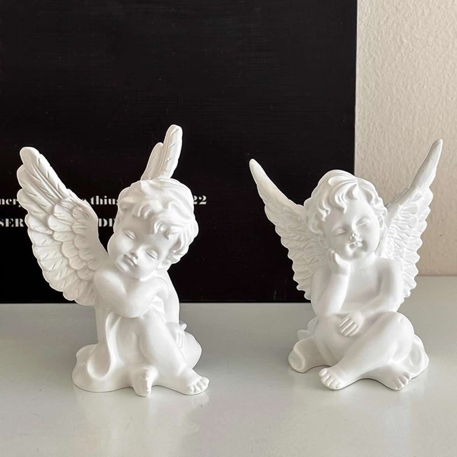 Set of 2 Cherubs Angels Resin Garden Statue Figurine, Indoor Outdoor Home Garden Decoration, Adorable Angel Sculpture Memorial Statue 4"